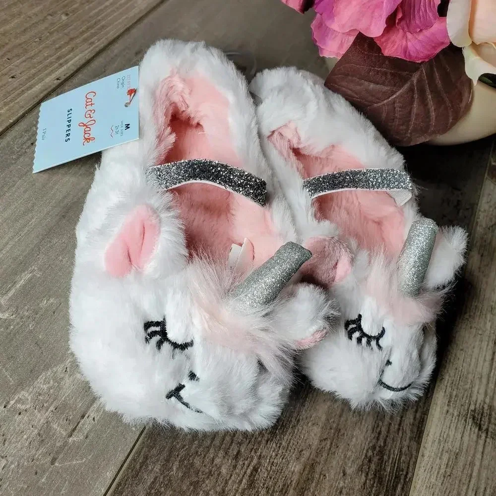 NWT Cat & Jack Toddler Girls White Glittery Unicorn Ballet Slippers 2T-3T